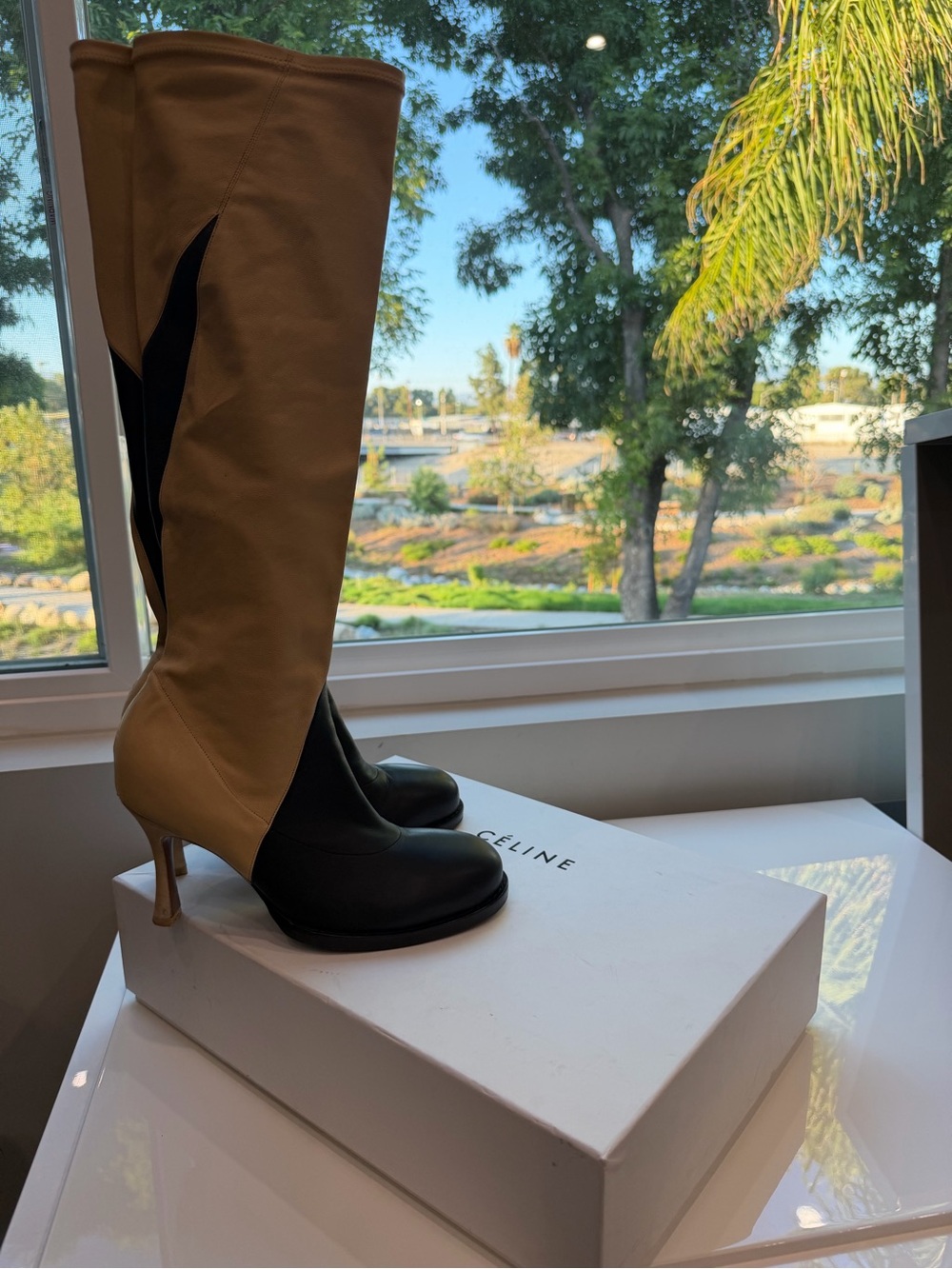 Celine Two-Tone Black and Tan Knee-High Heeled Boots